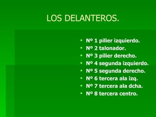 LOS DELANTEROS. Nº 1 pilier izquierdo. Nº 2 talonador. Nº 3 pilier derecho. Nº 4 segunda izquierdo. Nº 5 segunda derecho. Nº 6 tercera ala izq. Nº 7 tercera ala dcha. Nº 8 tercera centro. 