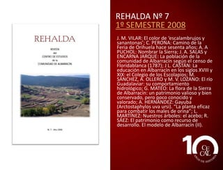 REHALDA Nº 5
1º SEMESTRE 2007
JOSÉ M. VILAR PACHECO: De Albarracín a
Bronchales. Topónimos en el ‘Cantar del
Cid’; FRANCISCO LÁZARO POLO: Los
Baroja en la Sierra de Albarracín; PAULA
LÁZARO IZQUIERDO: Lengua patria y
dialectos regionales: una convivencia
necesaria en el pensamiento de Manuel
Polo y Peirolón; JOSÉ LUIS CASTÁN
ESTEBAN: La Diócesis de Albarracín en la
Edad Moderna; FELI LÓPEZ Y JOSÉ LUIS
ASPAS: Gastronomía en los Montes
Universales: los gaspachos; VICENTE
ROMERO: El secuestro de Paulino; JUAN
M. PALOMAR MARTÍNEZ: Usos del agua:
el molino de Tramacastilla; ALBERTO
VILLÉN PINILLA: Tremedal o tremedales.

 