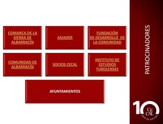 ASIADER

FUNDACIÓN
DE DESARROLLO DE
LA COMUNIDAD

COMUNIDAD DE
ALBARRACÍN

SOCIOS CECAL

INSTITUTO DE
ESTUDIOS
TUROLENSES

AYUNTAMIENTOS

PATROCINADORES

COMARCA DE LA
SIERRA DE
ALBARRACÍN

 