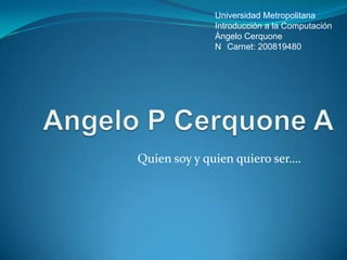 Universidad Metropolitana
              Introducción a la Computación
              Ángelo Cerquone
              N Carnet: 200819480




Quien soy y quien quiero ser….
 