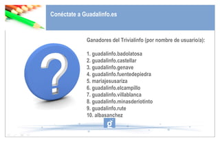 Ganadores del Trivialinfo (por nombre de usuario/a): 1. guadalinfo.badolatosa 2. guadalinfo.castellar 3. guadalinfo.genave 4. guadalinfo.fuentedepiedra 5. mariajesusariza 6. guadalinfo.elcampillo 7. guadalinfo.villablanca 8. guadalinfo.minasderiotinto 9. guadalinfo.rute 10. albasanchez Conéctate a Guadalinfo.es 