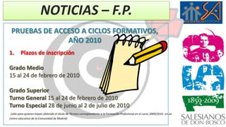 NOTICIAS – F.P.Programas Europeos:Firmado convenio de colaboraciónEntre los socios europeos:Associazione Padre Monti (Saronno-Milan)LycéeProfessionel de la Comunication et des IndustriesGraphiques “NostreFamille”Salesianos Atocha