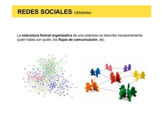 REDES SOCIALES: Utilidades


La estructura formal organizativa de una empresa no describe necesariamente
quién habla con quién, los flujos de comunicación, etc.
 