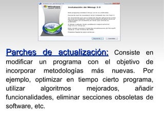 Tipos de parches según su propósito: Parches de depuración:   El objetivo de este tipo de parches es reparar bugs, o errores de programación que no fueron detectados a tiempo en su etapa de desarrollo.  