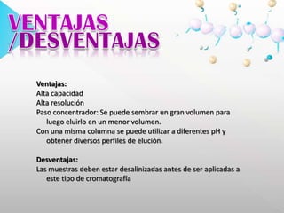 Agregar un ión que compita por las cargas del intercambiador.GRADIENTE DE NaCl(A)		            (B) 	        (C)		  (D) 		(E)Resina de intercambio catiónico antes de añadir la muestra. Se añade la muestra, una mezcla de Asp, Ser y Lys. Se añade Na+ (NaCl), el Asp, el aminoácido con menos carga positiva eluye el primero. Se aumenta el Na+, a continuación eluye la Ser. Se aumenta el Na+, la Lys, el que posee más carga positiva eluye el último.