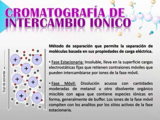 CROMATOGRAFÍA DEINTERCAMBIO IÓNICOMétodo de separación que permite la separación de moléculas basada en sus propiedades de carga eléctrica. Fase Estacionaria: Insoluble, lleva en la superficie cargas electrostáticas fijas que retienen contraiones móviles que pueden intercambiarse por iones de la fase móvil.