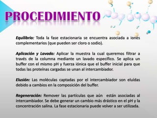 PROCEDIMIENTOEquilibrio: Toda la fase estacionaria se encuentra asociada a iones complementarios (que pueden ser cloro o sodio).  Aplicación y Lavado: Aplicar la muestra la cual queremos filtrar a través de la columna mediante un lavado específico. Se aplica un buffer con el mismo pH y fuerza iónica que el buffer inicial para que todas las proteínas cargadas se unan al intercambiador. Elusión: Las moléculas captadas por el intercambiador son eluídas debido a cambios en la composición del buffer.  Regeneración: Remover las partículas que aún  están asociadas al intercambiador. Se debe generar un cambio más drástico en el pH y la concentración salina. La fase estacionaria puede volver a ser utilizada.