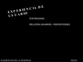 EXPERIENCIA DE USUARIO EYETRACKING  RELACIÓN USUARIOS - PERCEPCIONES  INICIO ELEMENTOS DE LA INTERFAZ 