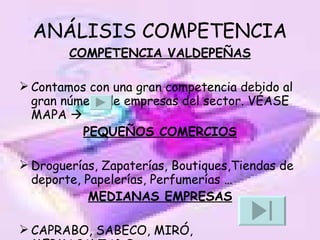ANÁLISIS COMPETENCIA COMPETENCIA VALDEPEÑAS Contamos con una gran competencia debido al gran número de empresas del sector. VÉASE MAPA     PEQUEÑOS COMERCIOS Droguerías, Zapaterías, Boutiques,Tiendas de deporte, Papelerías, Perfumerías … MEDIANAS EMPRESAS CAPRABO, SABECO, MIRÓ, MERKACALZADO,… 