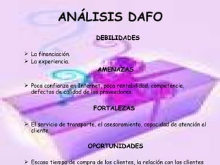 ANÁLISIS DAFO DEBILIDADES La financiación. La experiencia. AMENAZAS Poca confianza en Internet, poca rentabilidad, competencia, defectos de calidad de los proveedores. FORTALEZAS El servicio de transporte, el asesoramiento, capacidad de atención al cliente. OPORTUNIDADES Escaso tiempo de compra de los clientes, la relación con los clientes 