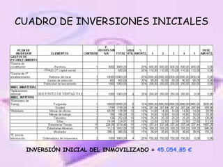 CUADRO DE INVERSIONES INICIALES INVERSIÓN INICIAL DEL INMOVILIZADO =  45.054,85 € 