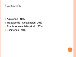 EvaluaciónAsistencia  10%Trabajos de Investigación  20%Practicas en el laboratorio  30%Exámenes   40%