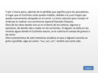 Y por si fuera poco, además de la pérdida que significa para los pescadores, el lugar que el Cuchivilu visita queda maldito, debido a lo cual ningún pez queda nuevamente atrapado en el corral. La única solución para romper el embrujo es realizar una ceremonia especial llamada Cheputo. Otro de los sitios donde vive es en el barro de los esteros, lagunas o pantanos, de donde sale a nadar en las corrientes. Si alguien se baña en las mismas aguas donde el Cuchivilu estuvo, se le cubriría el cuerpo de granos o de sarna.  Otra característica de este monstruo acuático es que si alguien escucha su grito o gruñido, algo así como: “cur, cur, cur”, tendrá una corta vida. Volver 