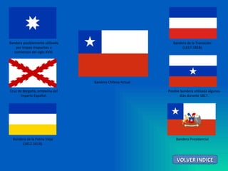 VOLVER INDICE Bandera posiblemente utilizada por tropas mapuches a comienzos del siglo XVIII. Cruz de Borgoña, emblema del Imperio Español. Bandera de la Patria Vieja  (1812-1814). Bandera de la Transición (1817-1818). Posible bandera utilizada algunos días durante 1817. Bandera Presidencial Bandera Chilena Actual 