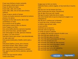 El que nace chicharra muere cantando.  El que quiera celeste que le cueste.  El que ríe último ríe mejor.  El que sabe, sabe, sino es jefe.  El que sabe, sabe, sino se hace paco (Policia Chileno).  El que se apura, pierde el tiempo.  El tonto con buena memoria recuerda las tonteras propias y las ajenas.  En gustos no hay nada escrito, dijo la vieja comiéndose un moco.  En la cancha se ven los gallos.  Entre panza y panza el pico no alcanza.  Entre Tongoy y Los Vilos.  Eres como ladilla eléctrica. (persona inquieta)  Eres como Pasto Seco. (prende rápido)  Eres como pulga en el oído. (persona molesta)  Erí weon, o te culio el león?  Está listo el barco para zarpar. (casa desordenada, no cabe nada más)  Está pasado (hediondo) a Rodilla. (entre pata y poto).  Está pasao Copihue. (cocos, pico y hueco).  Está pasao Pazopo. (Pata, Zobaco y poto).  Estar peinando la muñeca. (enloquecer) Estar rallando la papa. (hablando sin sentido)  Éste, agarra hasta los fierros calientes. (persona crédula)  Fumas mas que maricón celoso.  Fumas como Chino.  Guagua que no llora no mama.  Habiendo fiesta y velorio regado, no hay novia fea ni muerto malo.  Hay que arar con los bueyes que haya.  Echar el poto para las moras. (retractarse)  Hijo de tigre tiene que salir rayado.  Hijo igual al padre habla bien de la madre.  Hoy canta Gardel (día en que las empresas le pagan a sus trabajadores)  Hoy día por ti, mañana por la Alameda.  La suerte de la fea, la bonita la desea.  La Gallina vieja da buen caldo.  La pura puntita.  Levántate que ya pasaron.  Llorando salen las lágrimas.  Lo cortés no quita lo valiente.  Los cuidados del sacristán mataron al señor cura.  Más aburrido que caballo de feria.  Más aburrido que cajero de peaje.  Más Aburrido que la pichula(pene) del Papa.  Más aburrido que pico de cura.  Más apretado que moño de vieja.(anciana)  Más apretado que mano de guagua. (bebé)  Más apretado que traje de torero.  Más apretado que tuerca de submarino.  Más apretado que peo de visita. VOLVER Siguiente 