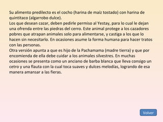 Su alimento predilecto es el cocho (harina de maíz tostado) con harina de quintitaco (algarrobo dulce). Los que desean cazar, deben pedirle permiso al Yestay, para lo cual le dejan una ofrenda entre las piedras del cerro. Este animal protege a los cazadores pobres que atrapan animales solo para alimentarse, y castiga a los que lo hacen sin necesitarlo. En ocasiones asume la forma humana para hacer tratos con las personas. Otra versión apunta a que es hijo de la Pachamama (madre tierra) y que por encomienda de ella debe cuidar a los animales silvestres. En muchas ocasiones se presenta como un anciano de barba blanca que lleva consigo un cetro y una flauta con la cual toca suaves y dulces melodías, logrando de esa manera amansar a las fieras. Volver 