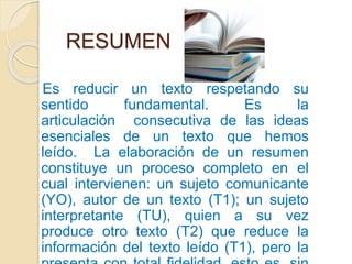 RESUMEN
Es reducir un texto respetando su
sentido fundamental. Es la
articulación consecutiva de las ideas
esenciales de un texto que hemos
leído. La elaboración de un resumen
constituye un proceso completo en el
cual intervienen: un sujeto comunicante
(YO), autor de un texto (T1); un sujeto
interpretante (TU), quien a su vez
produce otro texto (T2) que reduce la
información del texto leído (T1), pero la
 