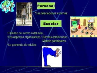 Personal *Las desviaciones externas Escolar Tamaño del centro o del aula Los aspectos organizativos : Normas establecidas   Modelo participativo La presencia de adultos 