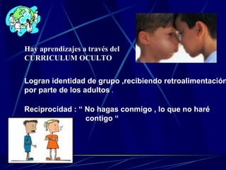 Hay aprendizajes a través del CURRICULUM OCULTO Logran identidad de grupo ,recibiendo retroalimentación  por parte de los adultos  . Reciprocidad : “ No hagas conmigo , lo que no haré contigo “  