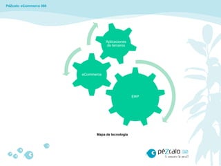 PéZcalo: eCommerce 360




                                     Aplicaciones
                                     de terceros




                         eCommerce




                                                    ERP




                               Mapa de tecnología
 