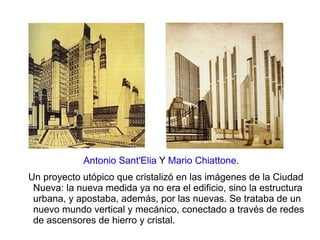 Un proyecto utópico que cristalizó en las imágenes de la Ciudad Nueva: la nueva medida ya no era el edificio, sino la estructura urbana, y apostaba, además, por las nuevas. Se trataba de un nuevo mundo vertical y mecánico, conectado a través de redes de ascensores de hierro y cristal. Antonio Sant'Elia  Y  Mario Chiattone . 