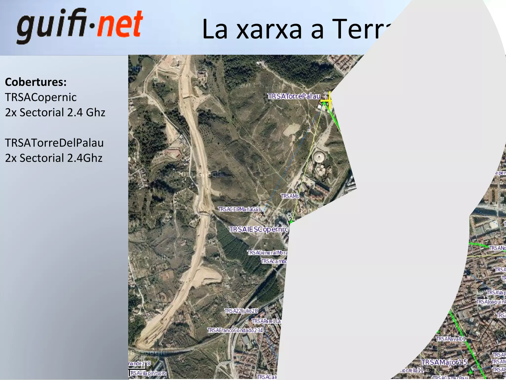 La xarxa a Terrassa III Cobertures: TRSACopernic   2x Sectorial 2.4 Ghz TRSATorreDelPalau 2x Sectorial 2.4Ghz 