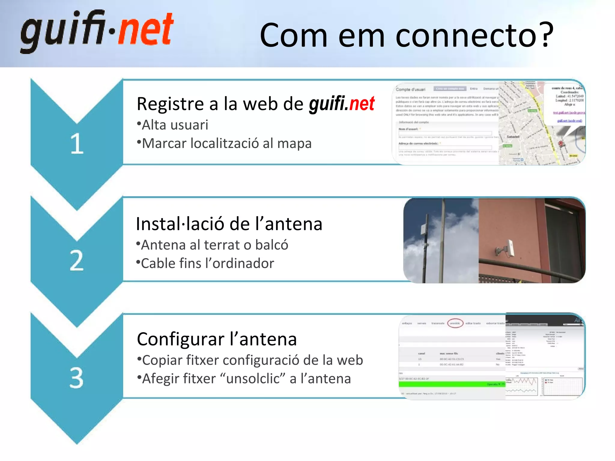 Com em connecto? Registre a la web de  guifi. net Alta usuari Marcar localització al mapa Instal·lació  de l’antena Antena al terrat o balcó Cable fins l’ordinador Configurar l’antena Copiar fitxer configuració de la web Afegir fitxer “unsolclic” a l’antena 