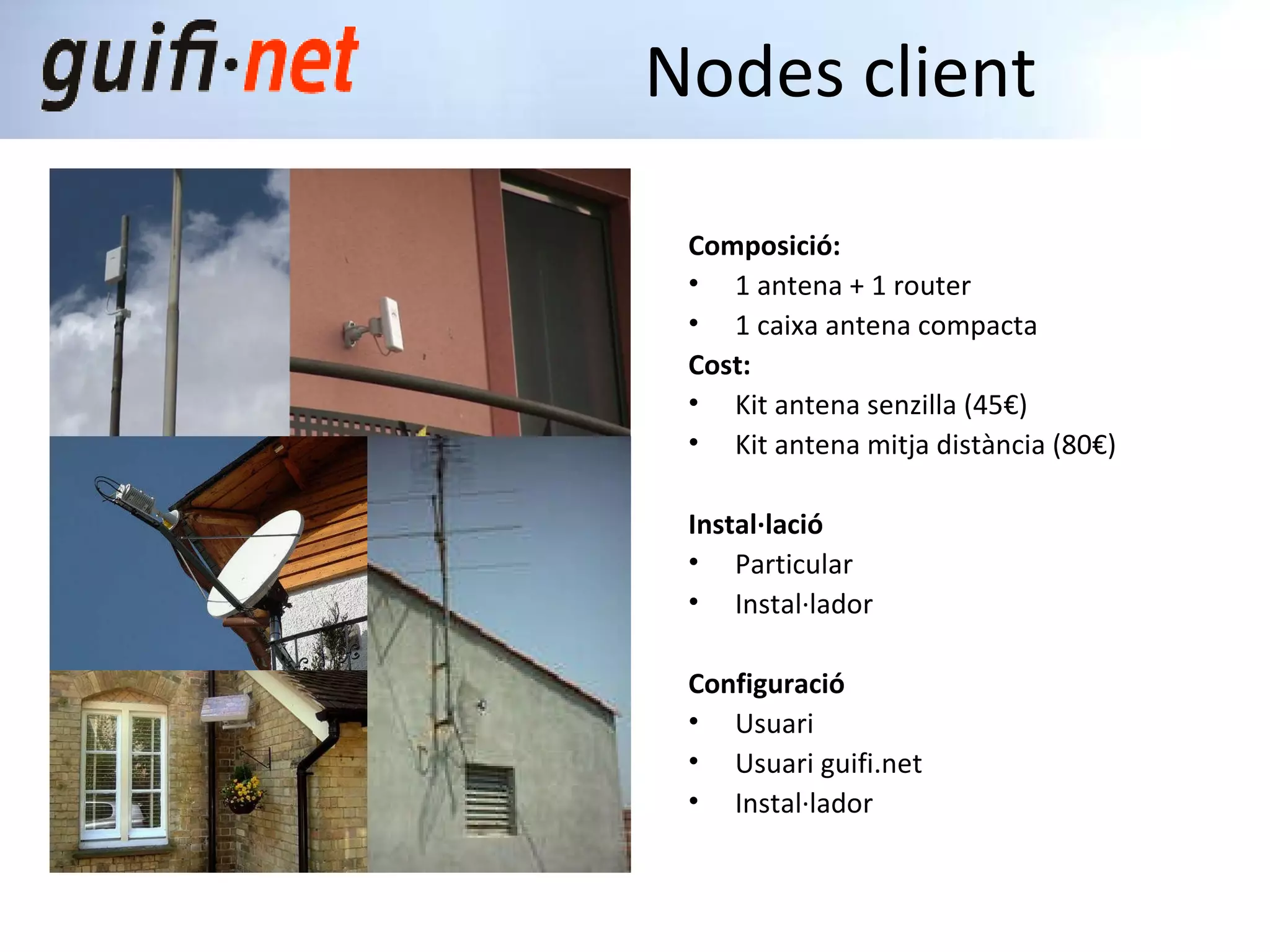 Composició: 1 antena + 1 router 1 caixa antena compacta Cost: Kit antena senzilla (45€) Kit antena mitja distància (80€) Instal·lació Particular Instal·lador Configuració Usuari Usuari guifi.net Instal·lador Nodes client 