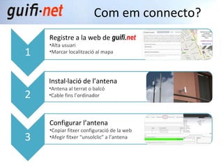 Com em connecto? <ul><li>Registre a la web de  guifi. net </li></ul><ul><li>Alta usuari </li></ul><ul><li>Marcar localitza...