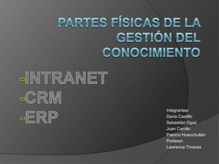 Partes físicas de la Gestión del Conocimiento -INTRANET -CRM -ERP Integrantes: Davis Castillo  Sebastián Ogaz Juan Carrillo Patricio Huenchullan Profesor: Lawrence Thraves 