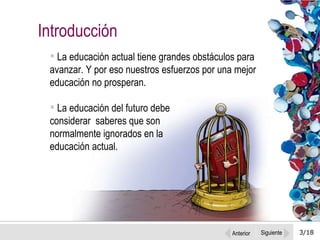 3/18 La educación actual tiene grandes obstáculos para avanzar. Y por eso nuestros esfuerzos por una mejor educación no prosperan.  La educación del futuro debe  considerar  saberes que son  normalmente ignorados en la  educación actual.  Introducción Anterior Siguiente 