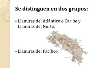 Se distinguen en dos grupos:Llanuras del Atlántico o Caribe y Llanuras del Norte.Llanuras del Pacífico.