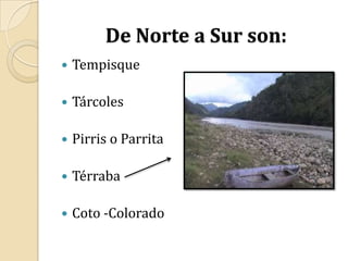 De Norte a Sur son:TempisqueTárcolesPirris o ParritaTérrabaCoto -Colorado