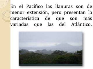 En el Pacífico las llanuras son de menor extensión, pero presentan la característica de que son más variadas que las del Atlántico.