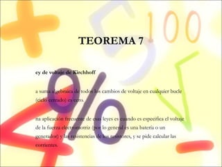TEOREMA 7 Ley de voltaje de Kirchhoff La suma algebraica de todos los cambios de voltaje en cualquier bucle (ciclo cerrado) es cero.  Una aplicación frecuente de esas leyes es cuando es especifica el voltaje de la fuerza electromotriz (por lo general es una batería o un generador) y las resistencias de los resistores, y se pide calcular las corrientes. 