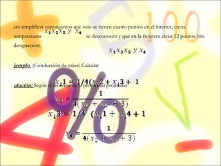 Para simplificar supongamos que solo se tienen cuatro puntos en el interior, cuyas temperaturas  se desconocen y que en la frontera están 12 puntos (sin designación). Ejemplo  (Conducción de calor) Calcular  Solución:  Según el teorema de la propiedad promedio   