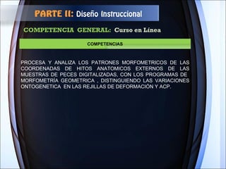 COMPETENCIA  GENERAL:  Curso en Línea PARTE II:  Diseño Instruccional COMPETENCIAS PROCESA Y ANALIZA LOS PATRONES MORFOMETRICOS DE LAS COORDENADAS DE HITOS ANATOMICOS EXTERNOS DE LAS MUESTRAS DE PECES DIGITALIZADAS, CON LOS PROGRAMAS DE  MORFOMETRÍA GEOMETRICA , DISTINGUIENDO LAS VARIACIONES ONTOGENETICA  EN LAS REJILLAS DE DEFORMACIÓN Y ACP. 