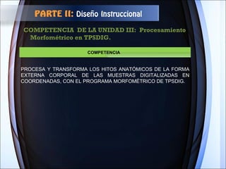 COMPETENCIA  DE LA UNIDAD III:  Procesamiento Morfométrico en TPSDIG. PARTE II:  Diseño Instruccional COMPETENCIA  PROCESA Y TRANSFORMA LOS HITOS ANATÓMICOS DE LA FORMA EXTERNA CORPORAL DE LAS MUESTRAS DIGITALIZADAS EN COORDENADAS, CON EL PROGRAMA MORFOMÉTRICO DE TPSDIG. 