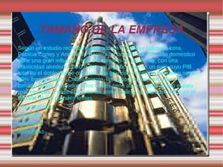 TAMAÑO DE LA EMPRESA Según un estudio reciente preparado en el BID por Eduardo Lora, Patricia Cortes y Ana María Herrera, el tamaño del mercado doméstico tiene una gran influencia sobre el tamaño de las firmas, con una elasticidad alrededor de 0,8 (lo cual significa que en un país cuyo PIB total es el doble del de otro país, las grandes empresas tienden a ser un 80% mas grandes.  Curiosamente, las exportaciones del país o el tamaño de los mercados a los cuales tiene acceso garantizado el país (por ejemplo, a trabes de uniones comerciales) no  parecen influir en el tamaño de las grandes firmas .  Y PUEDEN SER: -GRANDES -MEDIANAS -PEQUEÑAS 