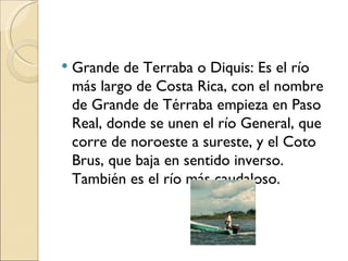    Grande de Terraba o Diquis: Es el río
    más largo de Costa Rica, con el nombre
    de Grande de Térraba empieza en Paso
    Real, donde se unen el río General, que
    corre de noroeste a sureste, y el Coto
    Brus, que baja en sentido inverso.
    También es el río más caudaloso.
 