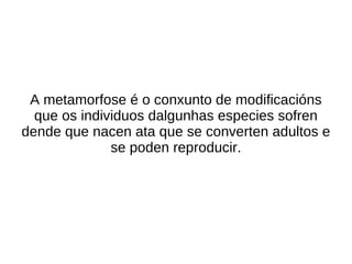 A metamorfose é o conxunto de modificacións
  que os individuos dalgunhas especies sofren
dende que nacen ata que se converten adultos e
              se poden reproducir.
 