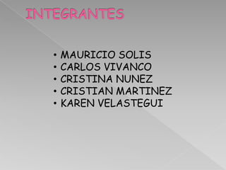 •   MAURICIO SOLIS
•   CARLOS VIVANCO
•   CRISTINA NUNEZ
•   CRISTIAN MARTINEZ
•   KAREN VELASTEGUI
 