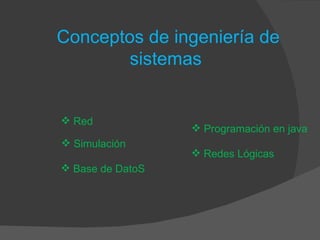 Conceptos de ingeniería de
        sistemas


 Red
                   Programación en java
 Simulación
                   Redes Lógicas
 Base de DatoS
 