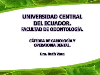 UNIVERSIDAD CENTRAL
   DEL ECUADOR.
FACULTAD DE ODONTOLOGÍA.

   CÁTEDRA DE CARIOLOGÌA Y
     OPERATORIA DENTAL.

        Dra. Ruth Vaca
 