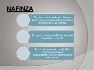 NAFINZA
       Es una banca de desarrollo que
      promueve el acceso a los servicios
           financieros a las PyMEs



      Funge como Agente Financiero del
             Gobierno Federal



       Busca el desarrollo de PyMEs
             proporcionándoles
      capacitación, asistencia técnica e
                 información
 