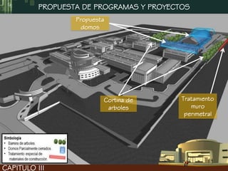 PROPUESTA DE PROGRAMAS Y PROYECTOS
                  Propuesta
                   domos




                          Cortina de      Tratamiento
                           arboles           muro
                                           perimetral




CAPITULO III
 