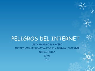PELIGROS DEL INTERNET
            LILIA MARIA OSSA ACERO
 INSTITUCION EDUCATIVA ESCUELA NORMAL SUPERIOR
                 NEIVA-HUILA
                     10-02
                     2012
 