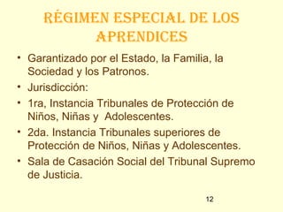 Régimen especial de los
           apRendices
• Garantizado por el Estado, la Familia, la
  Sociedad y los Patronos.
• Jurisdicción:
• 1ra, Instancia Tribunales de Protección de
  Niños, Niñas y Adolescentes.
• 2da. Instancia Tribunales superiores de
  Protección de Niños, Niñas y Adolescentes.
• Sala de Casación Social del Tribunal Supremo
  de Justicia.

                                    12
 