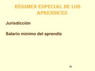 Régimen especial de los
           apRendices
Jurisdicción

Salario mínimo del aprendiz




                              18
 