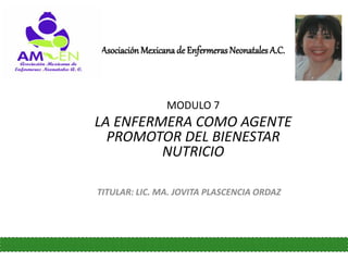 Asociación Mexicana de Enfermeras Neonatales A.C.



                 MODULO 7
LA ENFERMERA COMO AGENTE
  PROMOTOR DEL BIENESTAR
         NUTRICIO

TITULAR: LIC. MA. JOVITA PLASCENCIA ORDAZ
 